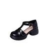 Baotou Sandals Women's Summer New Round Head Shallow Mouth One-word Buckle Thick Heel Thick Sole Not Tired Feet Hollow Mary Jane Leather Shoes