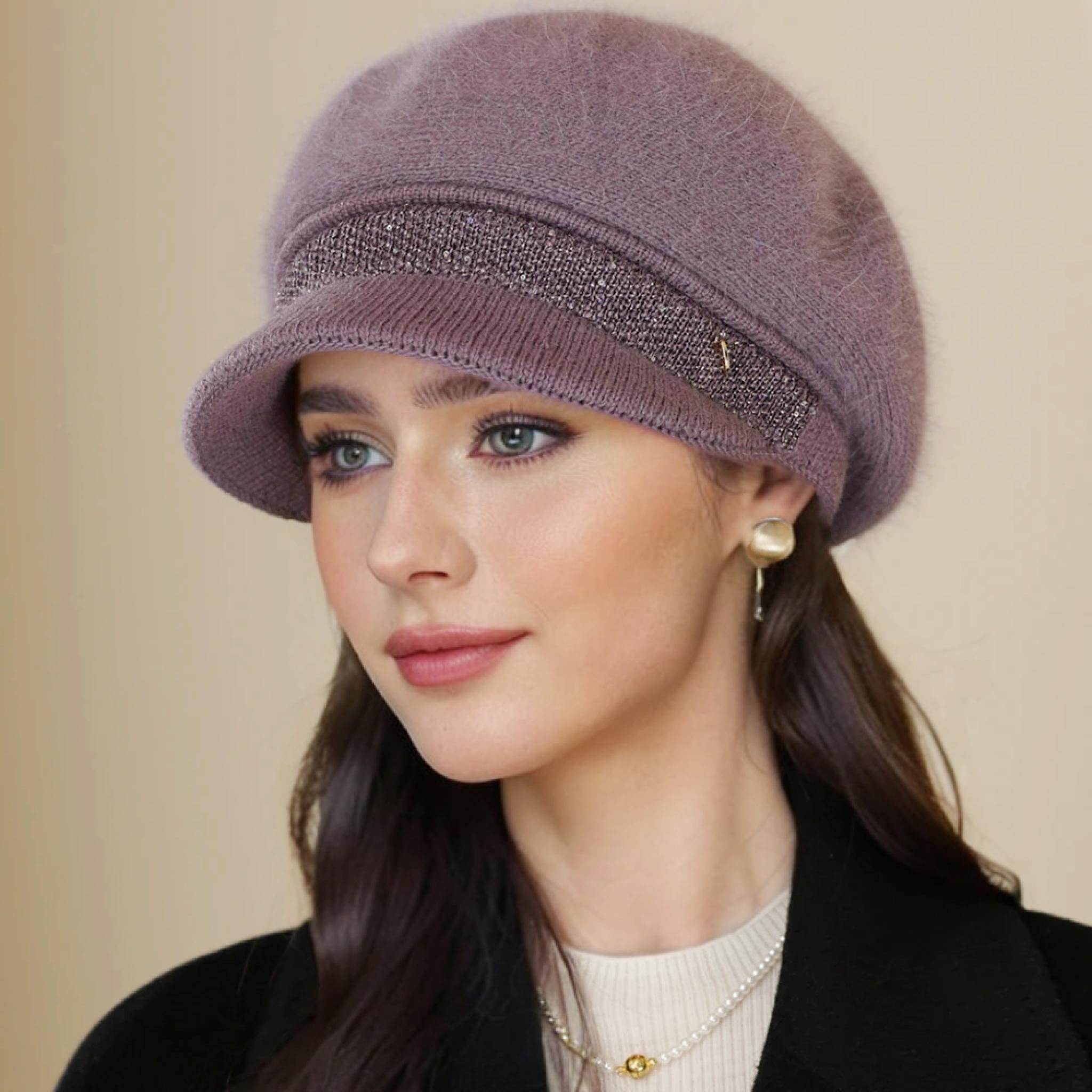 

Новая женская зимняя теплая шапка с плюшевой меховой подкладкой, теплая шапка для женщин, повседневная шапка из смесовой кроличьей шерсти, уличная мода, вязаная шапка 56cm-60cm светло-фиолетовый