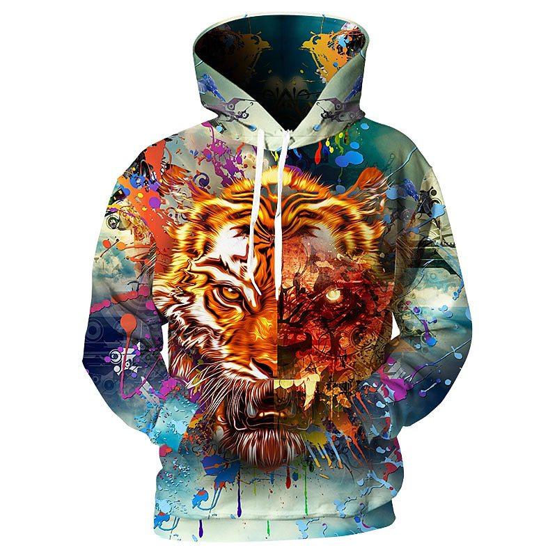 

Colorful Animal Graffiti 3D Digital Printing Men s Personalized Trendy Hooded Sweatshirt S зелёный