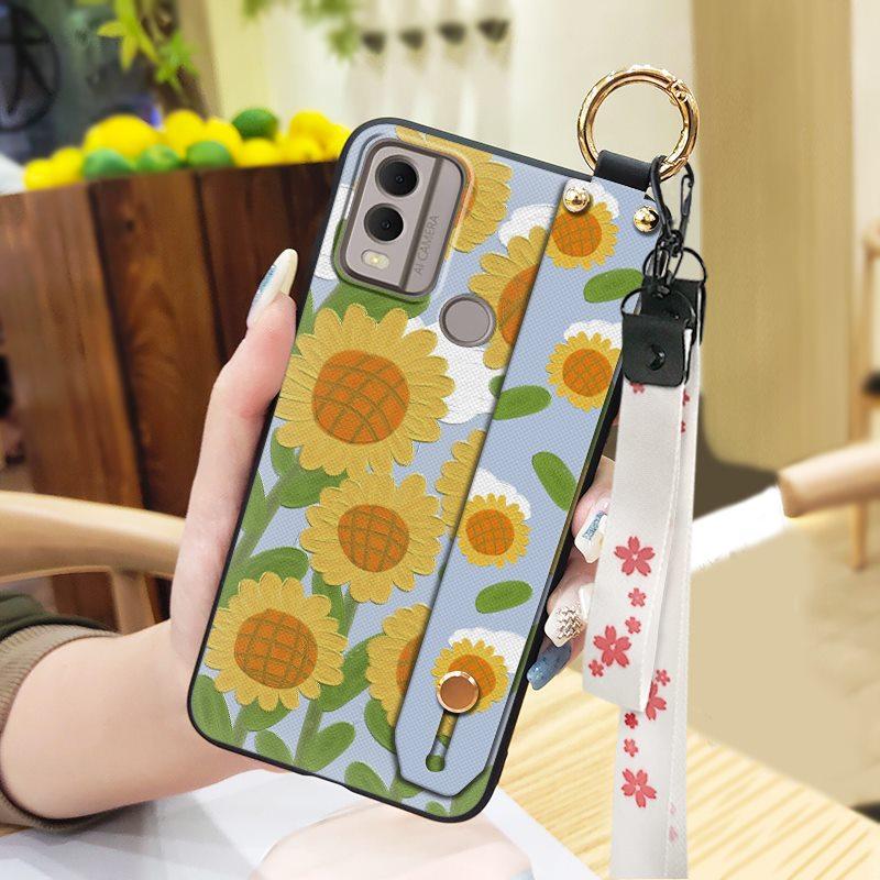 Soft Case Flower Phone Case For Nokia C22 Wristband Durable Ring Waterproof Lanyard Oil Painting Back Cover Silicone