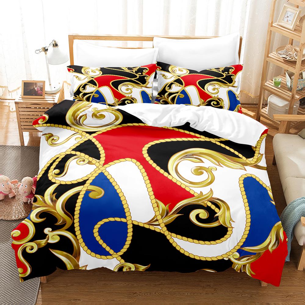 Set de lenjerie de pat cu model decorativ auriu imprimat 3D, husă de plapumă din puf cu față de pernă, dublu, single, king