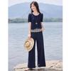 Women's Lace-Spliced Linen Blend Two-Piece Pants Set