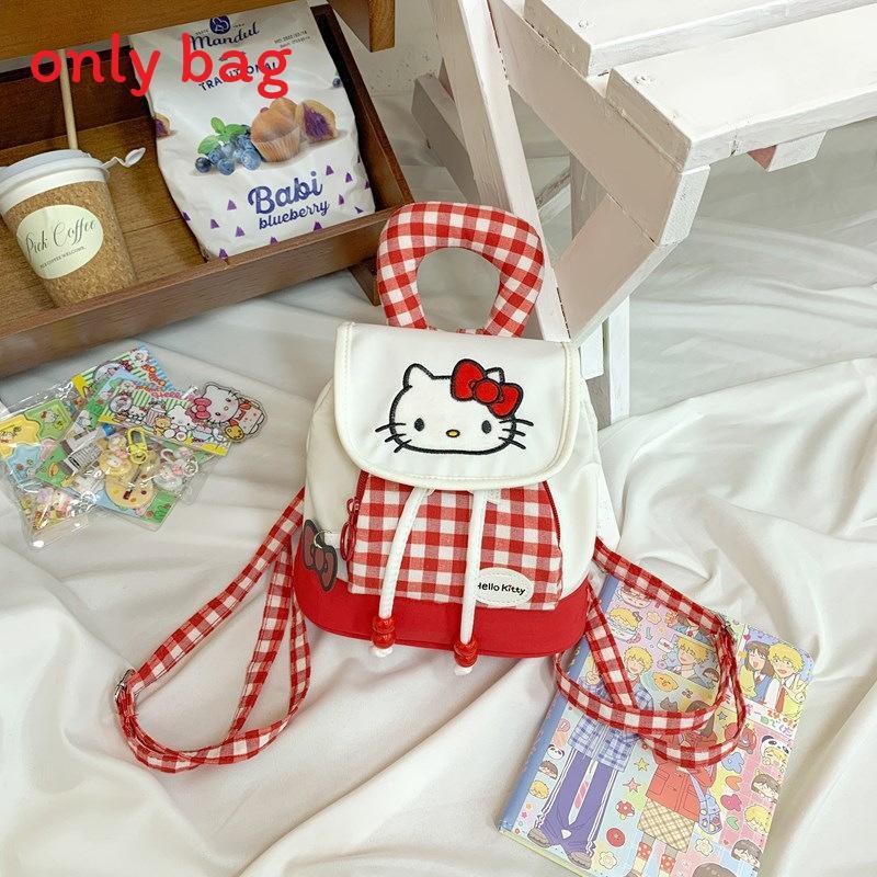 Cute Hello Kitty And Plaid Pattern Girl Canvas Backpack For Daily Use