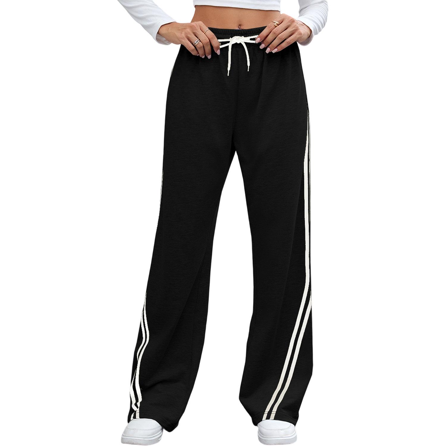 Ankle Length Pants Women Drawstring Trousers Straight Pant Loose Fit High Waist Pockets Sports Autumn Slight Strech Casual S чёрный
