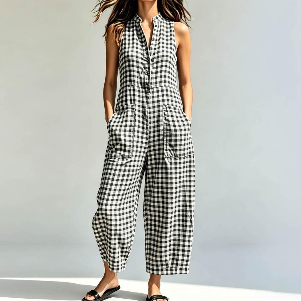 Αμάνικο Jumpsuit με V λαιμό και τσέπες για Γυναίκες, Casual, Χαλαρή εφαρμογή, Φαρδύ πόδι, Μονοκόμματο, Καλοκαιρινό Romper