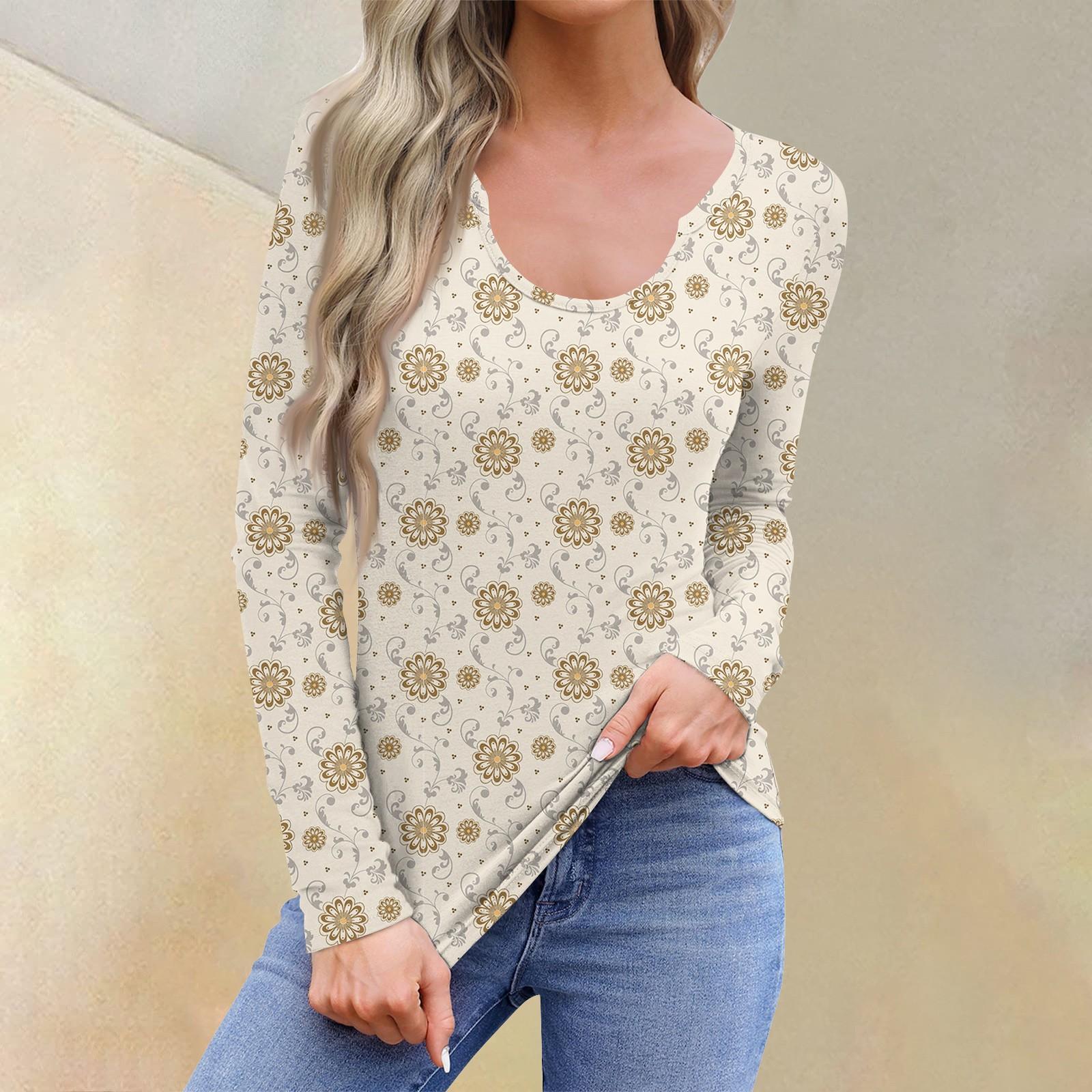 

Жіноча повсякденна мода комфортна довгими рукавами сорочка U-подібним вирізом квітковий принт футболка топи L хакі