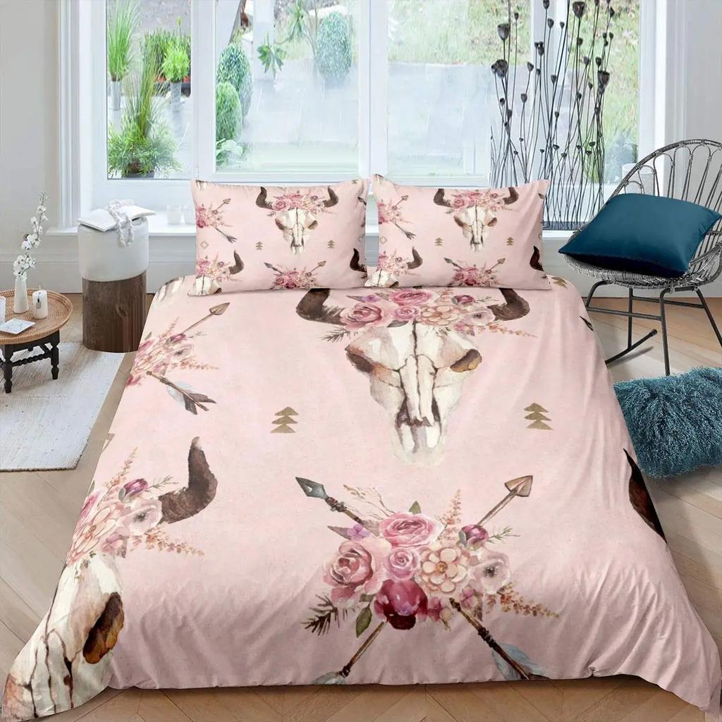 Bull Skull Duvet Cover Chic Feather Bedding Bohemian Exotic Branches Flower for Kids Teens Women Men Room Decoration Quilt Cover