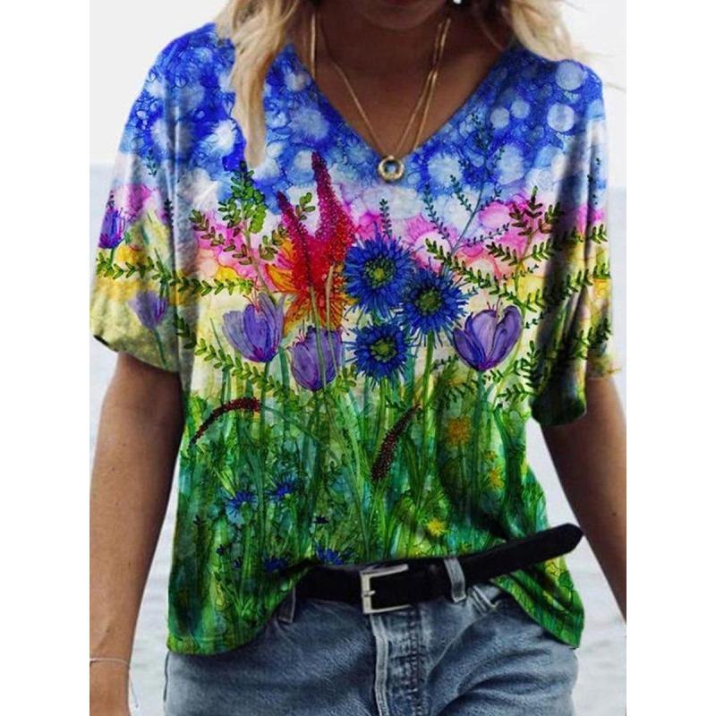Sommer Graffiti Blume 3D-gedrucktes Kurzarm Damen V-Ausschnitt Buntes Lässiges Vielseitiges T-Shirt