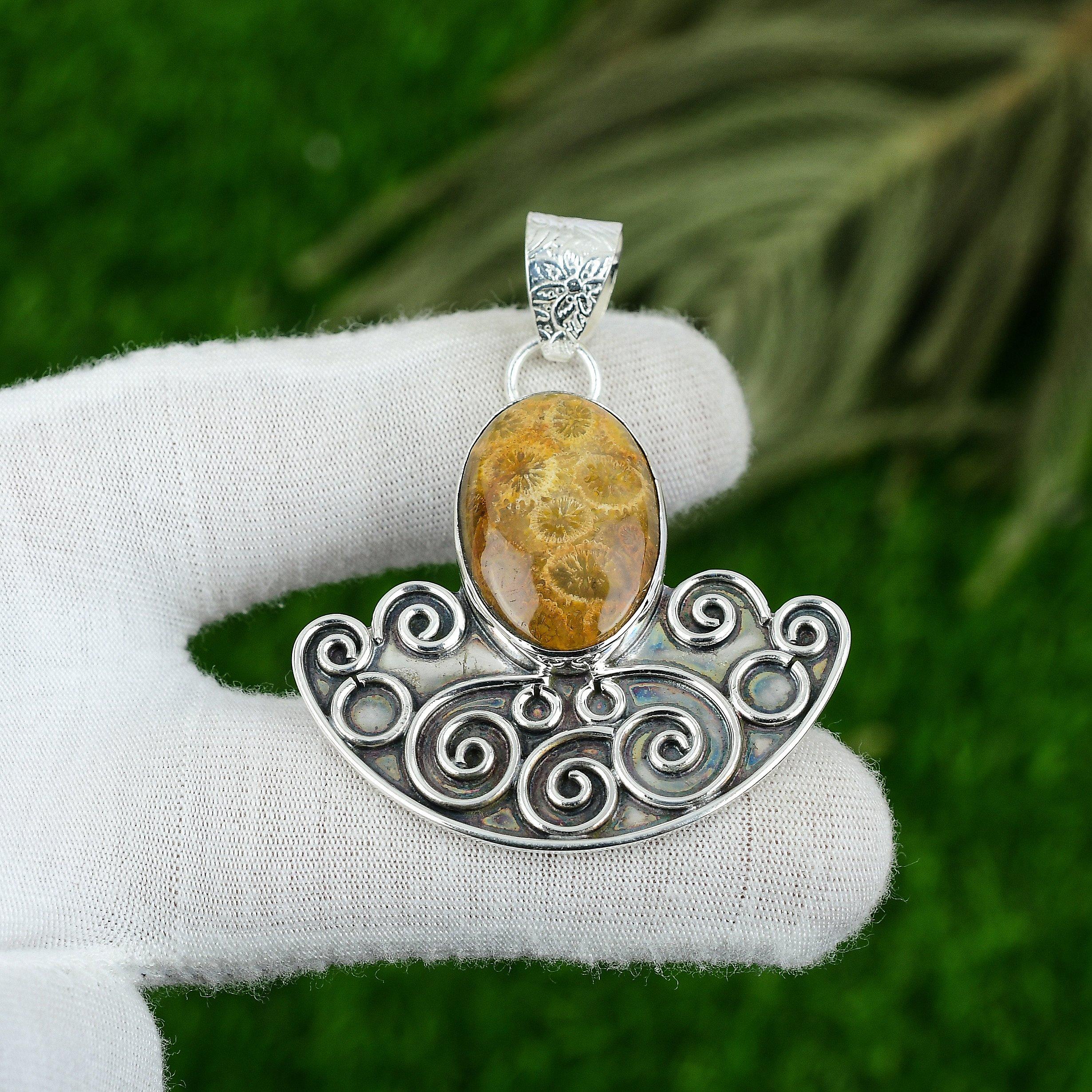 Mothers day Sale Sterling Silver Oval Fossil Coral Gemstone Daughter New Pendant