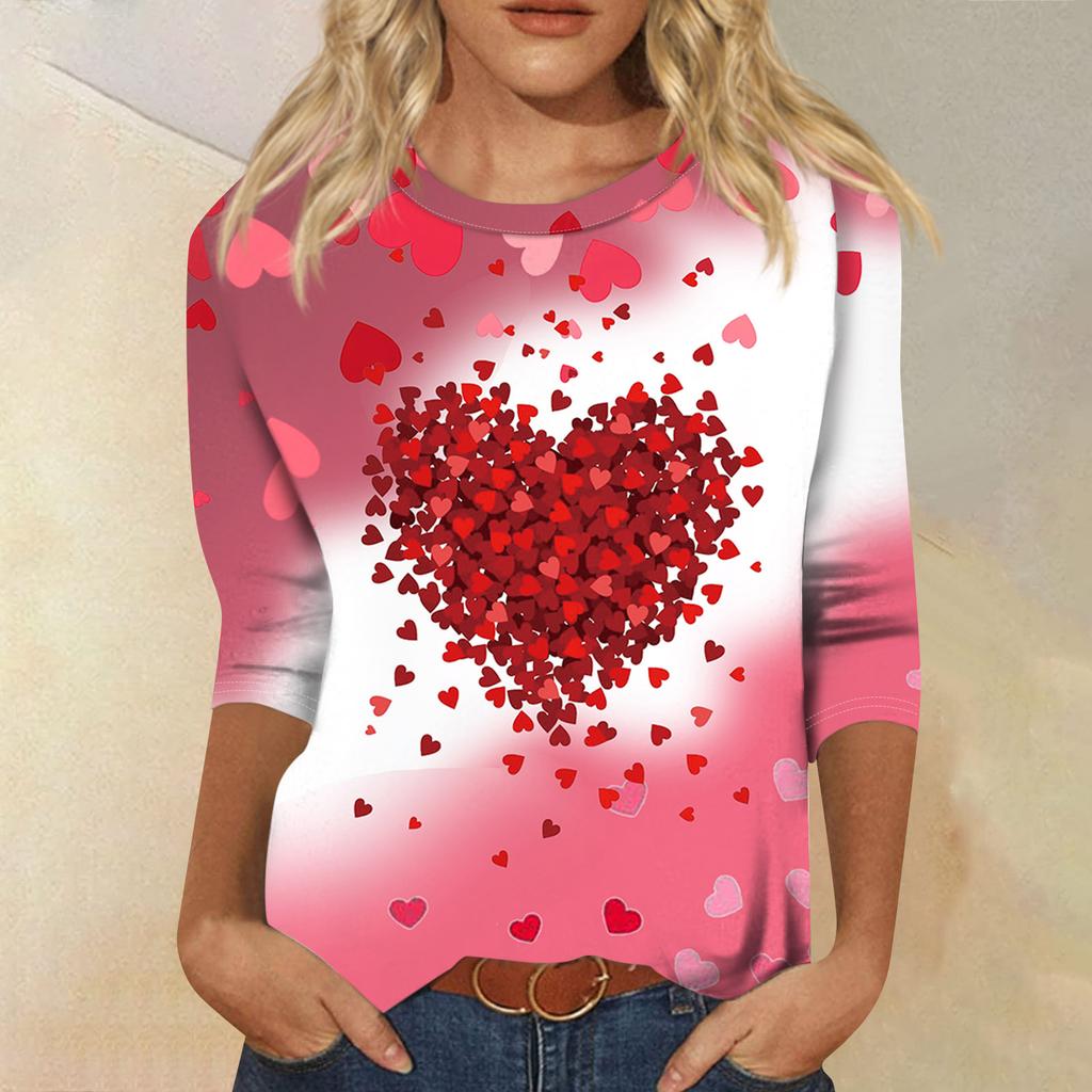 Women's Fashion Casual Round Neck 3/4 Sleeve Loose  Printed T-Shirt Ladies Top