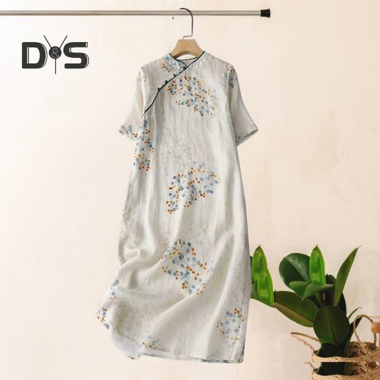 Vestido Midi Cheongsam Qipao Vintage com Estampa Floral para Mulheres Solto Manga Curta Estilo Chinês com Bolsos para Casamento