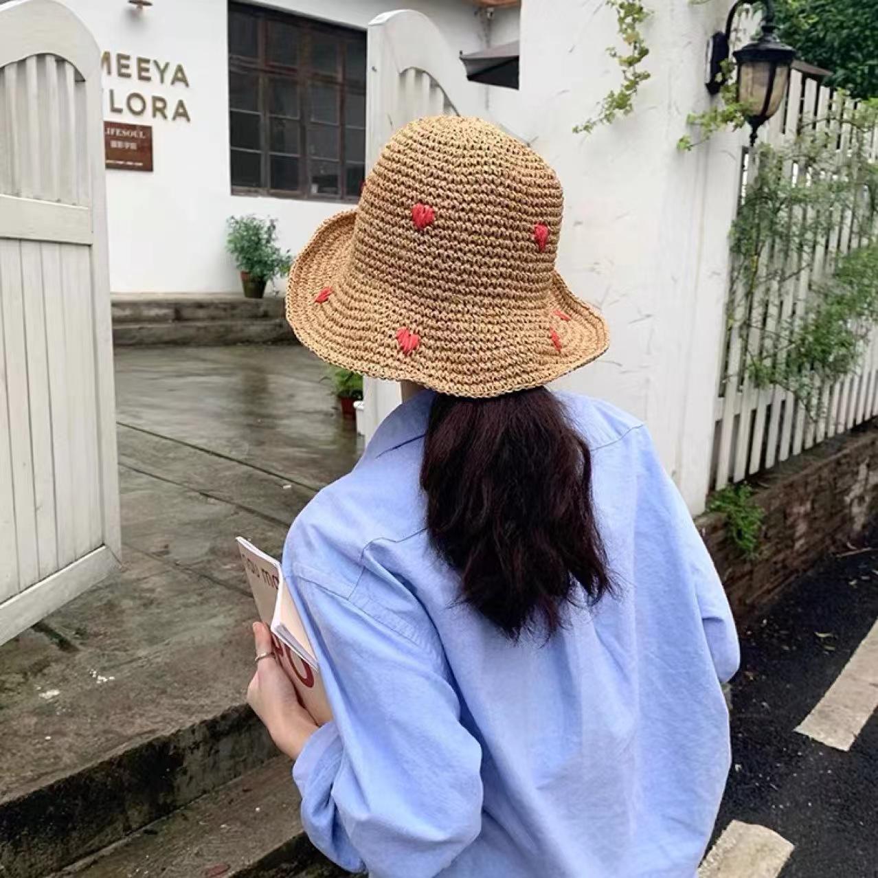 

Wave edge big eaves straw woven fisherman hat children summer woven love straw hat beach breathable sunshade sun protection basin hat хакі