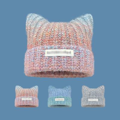 Autumn And Winter Women'S Abi Style Cute Cat Ear Gradient Knitted Wool Hat Warm Ear Protection Cold Hat Couple