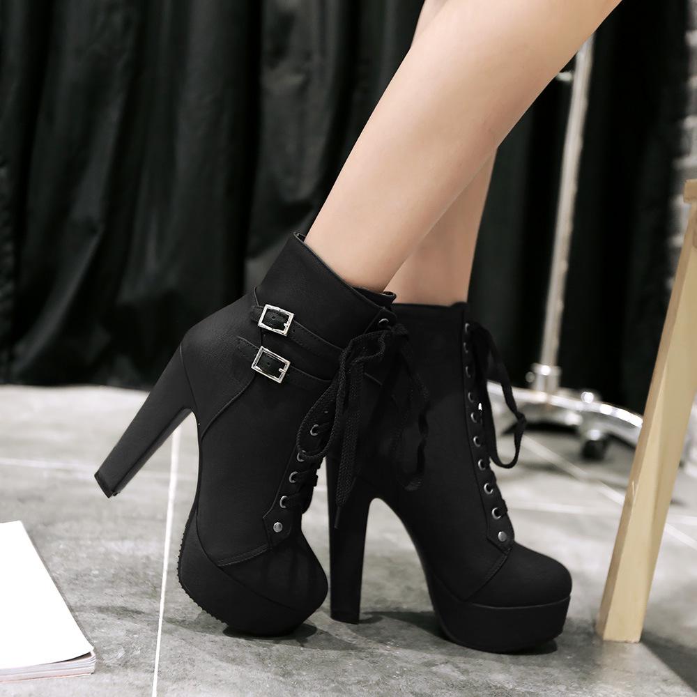 European and American style cross-strap Martin boots short boots high heels women's shoes waterproof table belt buckle low tube women's boots