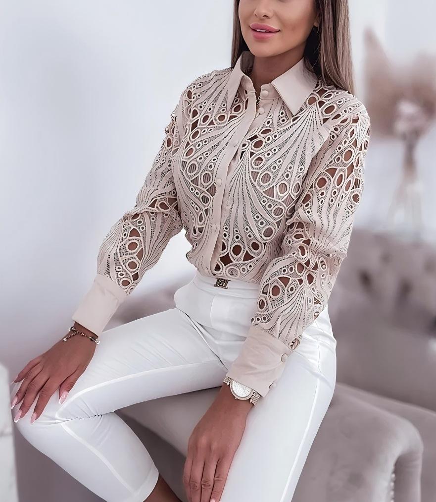

New Fashion Lace Hollow Long Sleeve Shirt For Women 2026 Spring Autumn Elegant Office Lady Blouse And Tops Casual Button Shirts S бежевый