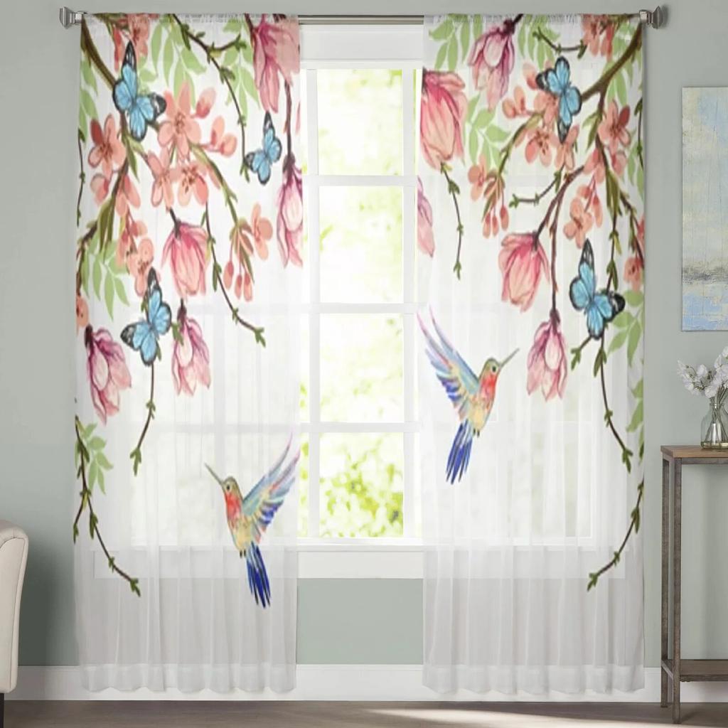 Perdele pentru fereastră transparentă cu flori de magnolie și colibri pentru sufragerie dormitor perdele din tul din voilă draperii din material pentru bucătărie