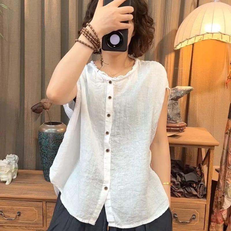 Women Purple Linen Blend Ruffle Trim Stand Collar Sleeveless Button Up Shirt