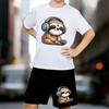 Boys 2 Piece Musical Sloth Printed Outfit, Short Sleeve T-Shirt and Shorts Set for Kids Age 5-14,Black ,White Sporty Casual Summer Clothes