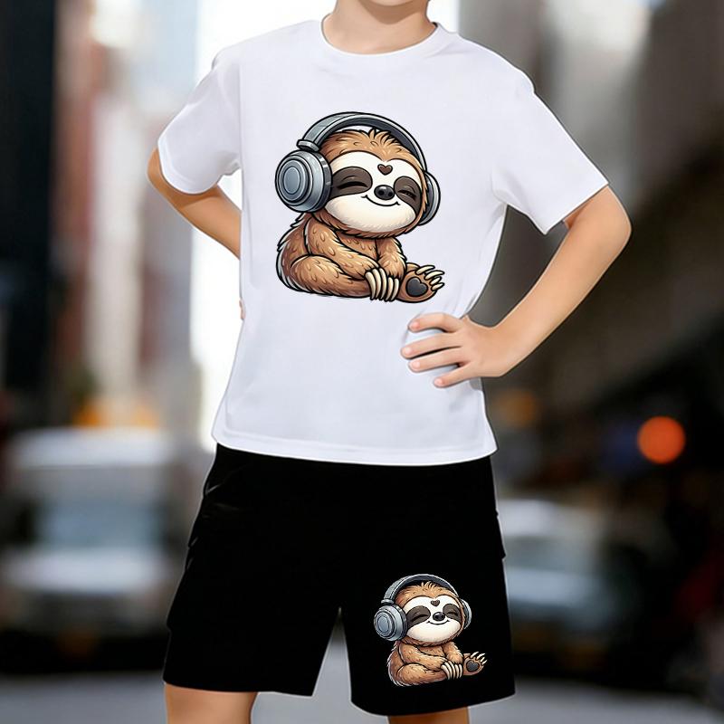 

Boys 2 Piece Musical Sloth Printed outfit, Short Sleeve T-Shirt and Shorts Set for Kids Age 5-14,Black ,White Sporty Casual Summer Clothes 13-14 Years білий