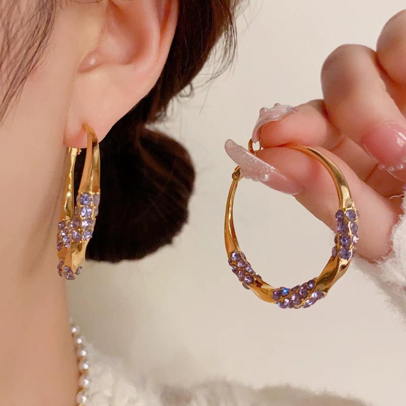 

European and American purple full diamond large ring ear clips without ear piercings, personalized trendy and cool earrings,exaggerated earrings