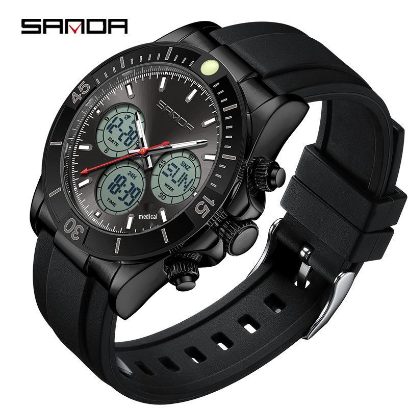SANDA Modische Wasserdichte Elektronische Uhr für Teenager - Multifunktionale Dual-Display Sportstoppuhr schwarz/weiß