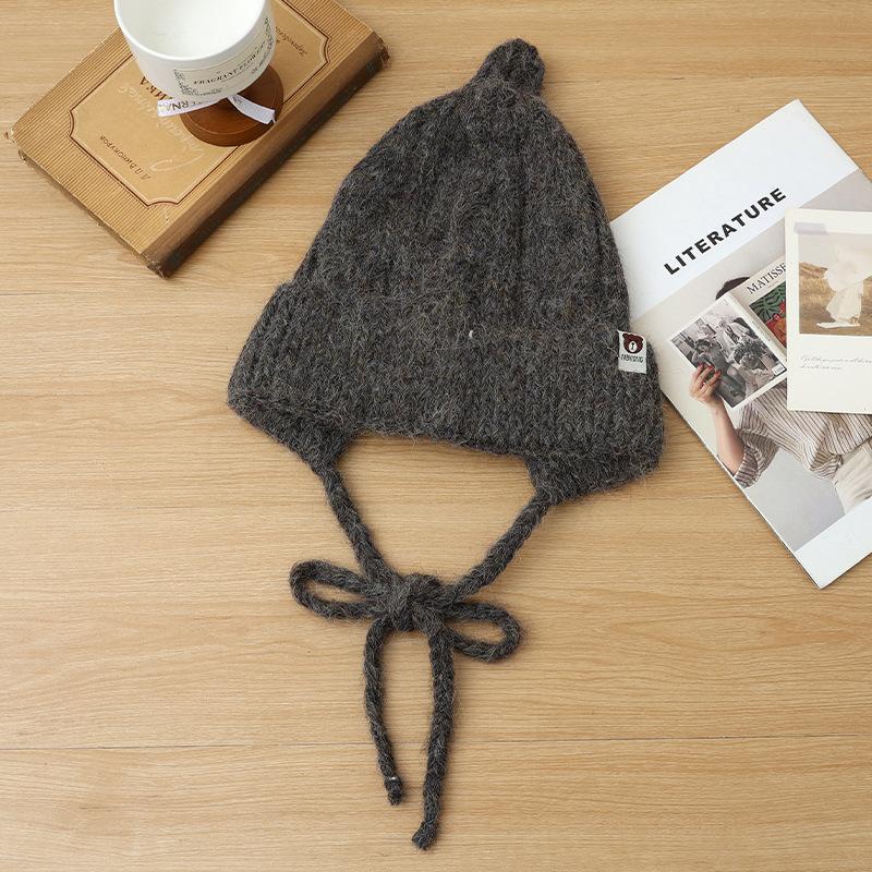 Korean Version of Versatile Bear Patch Strap Wool Hat Autumn and Winter Fashion Retro Pullover Hat Outdoor Casual Warm Hat New