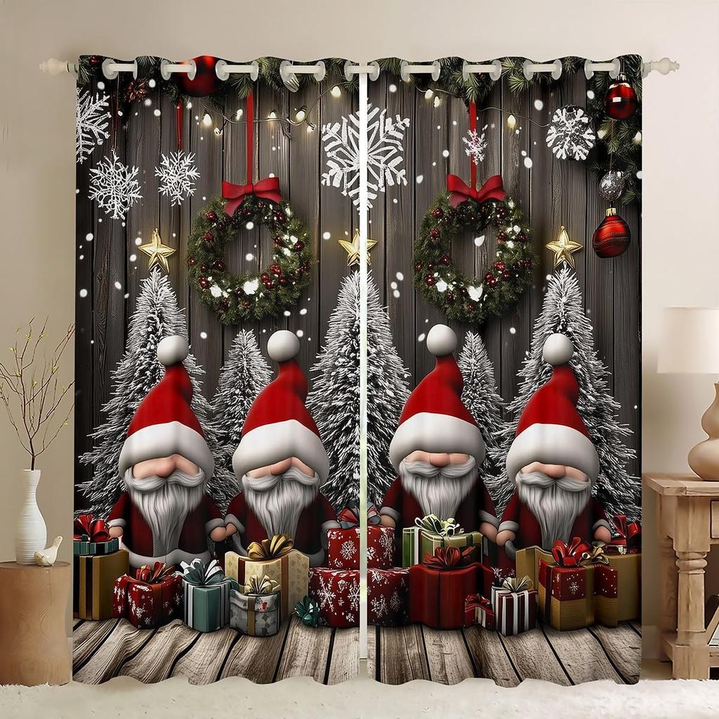 Christmas Gnome Curtain Winter Xmas Theme Window Curtains Snowflake Happy New Year Holiday Room Decor Panels Light Blocking Made Of Polyester