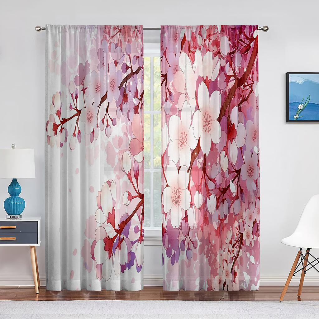 Cherry Blossom Flowers Pink Floral Tulle Curtains for Living Room Bedroom Decoration Modern Chiffon Sheer Voile Kitchen Curtain