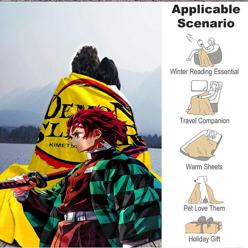 1pc Demon Slayer Flannel Throw Blanket HD Printed Lightweight Soft Warm All Season Blanket for Sofa, Bed, Travel, Camping Machine Washable