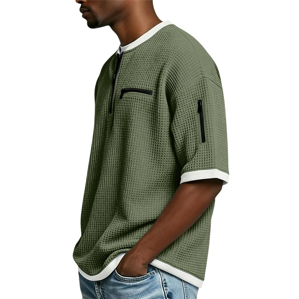 Men Waffle Knit Short Sleeve T Shirt with Zipper Pocket and Contrast Trim Crew Neck Casual Loose Fit Top