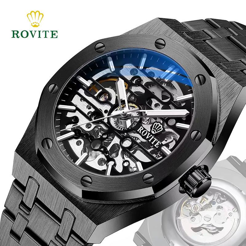 Rovite Men'S Mechanical Watch Fashion Hollow Octagonal Quartz Steel Belt Men'S Watch Generation