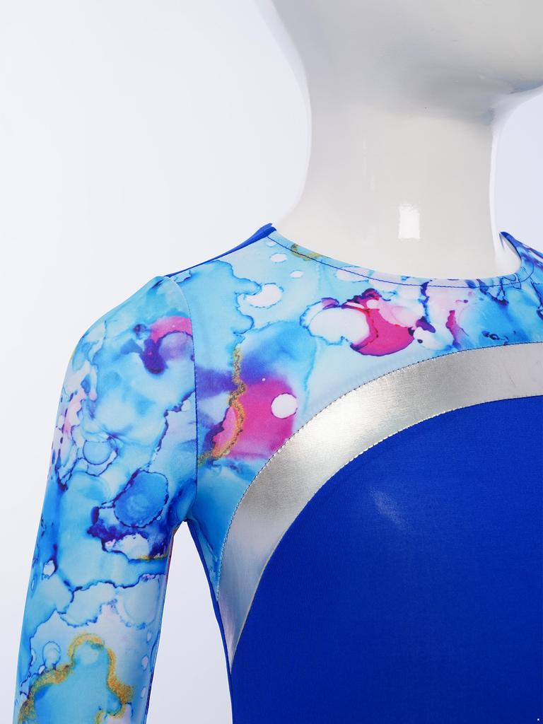 Girls Contemporary Worship Dance Dress: Long Sleeve with Invisible Zipper Back, Stylish Printed Patchwork & Color Block Irregular Hem