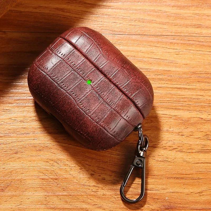 High-end Business Crocodile Premium Leather Earphone Case With Keychain For Apple AirPods 4 3 2/1 Pro 2 Drop-Proof Headset Cover