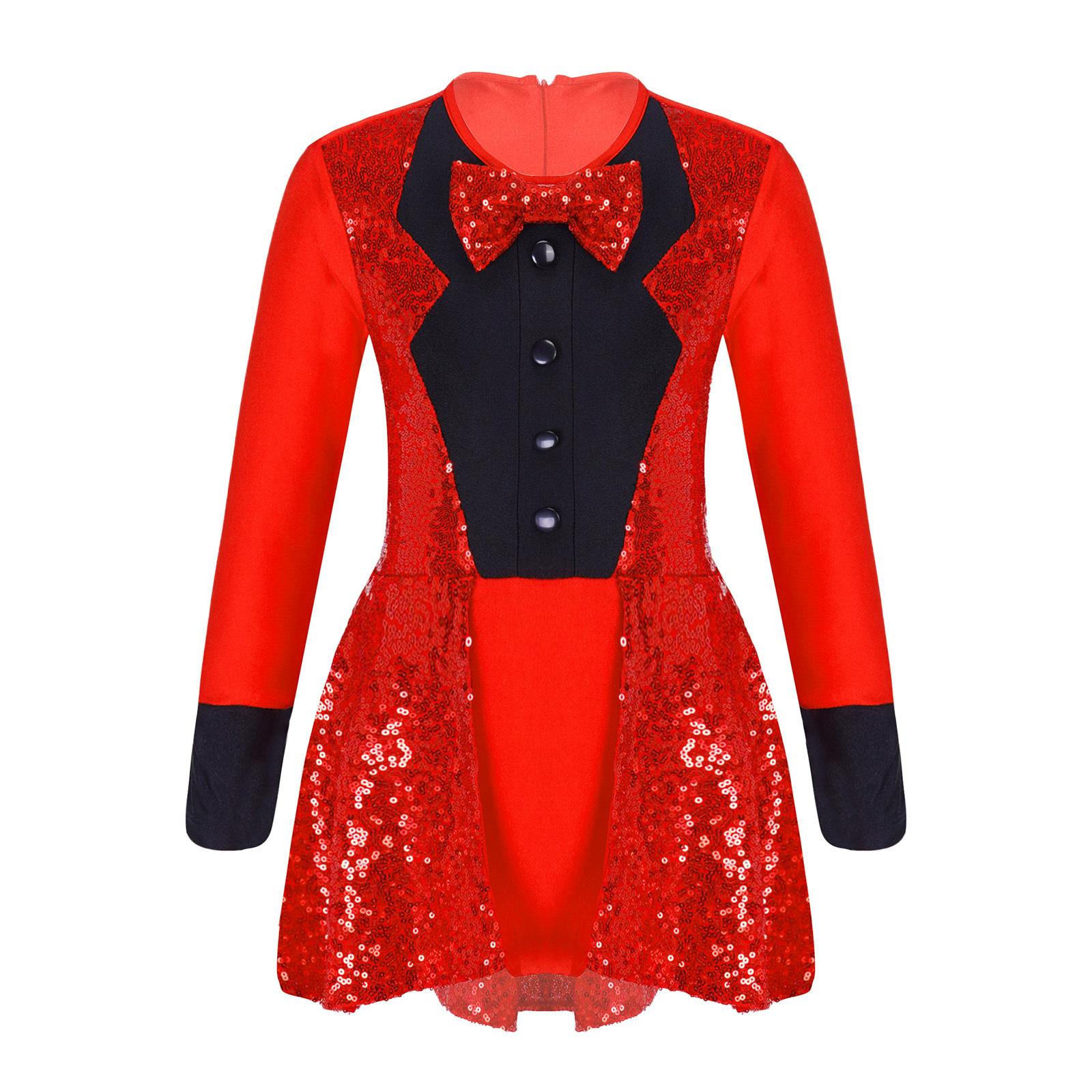 

Дитячий танцювальний купальник з круглим вирізом, довгим рукавом, бантом, прикрашений паєтками, гімнастичний костюм для виступів 7-8 Years червоний