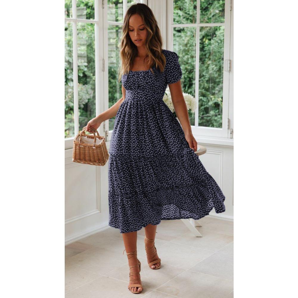 

GMXIA Платье с квадратным воротником, рукавами-фонариками и цветочным принтом, длинная юбка S темно-синий