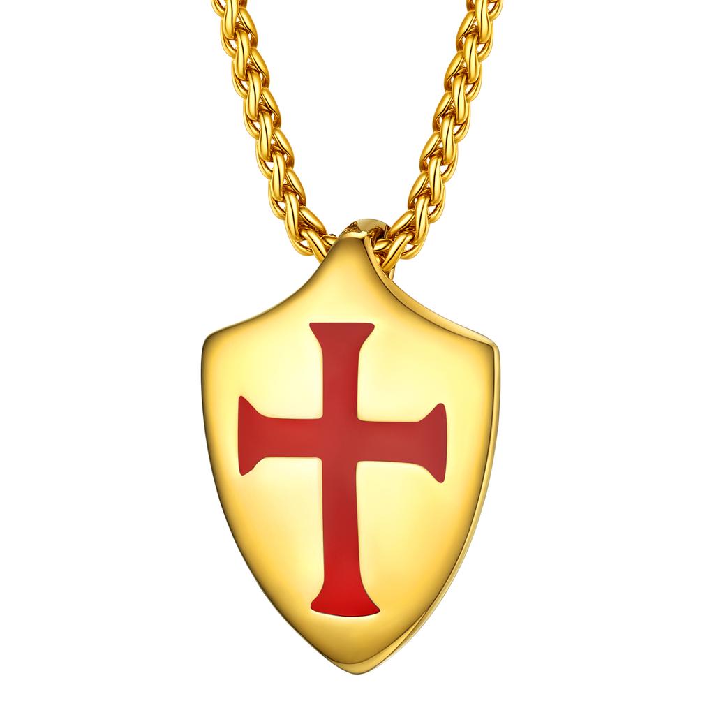 U7 Templer Halsketten aus Edelstahl für Herren Ritterkreuz Schild Anhänger 3D Geprägtes Amulett Symbol Christlicher Unisex Schmuck Geschenk