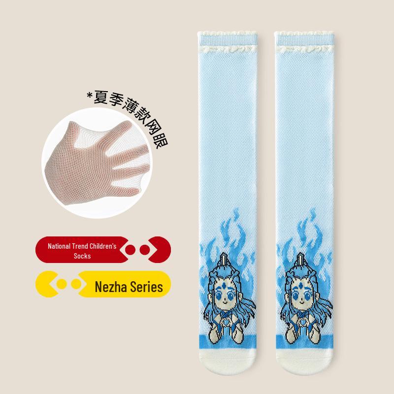 Nezha Cartoon Kids' Summer Socks: Cute, Breathable, Thin Mid-Calf Mesh Cotton Socks for Girls