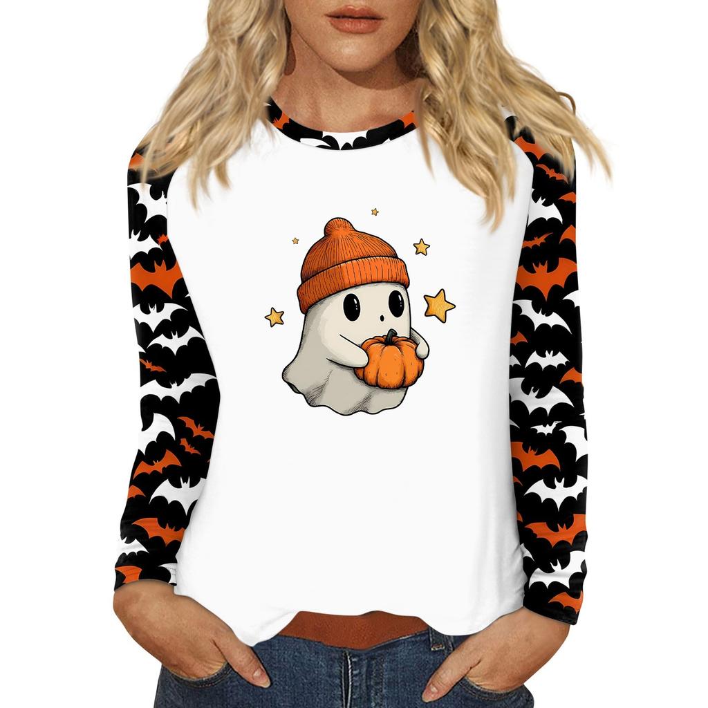 Damen T-Shirt Halloween-Print Langarm Täglich Mode Basic Rundhals Raglanärmel Oberteil