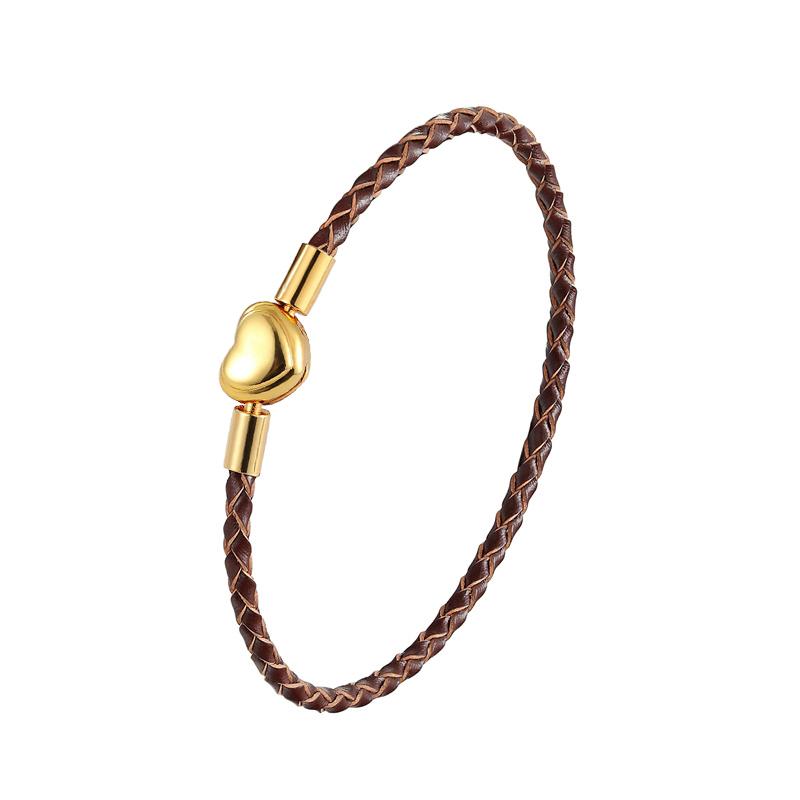 Fashion Women Gold Plated Lover Bracelet Bangle Leather Chain With Love STAINLESS STEEL Clasp Pan Bracelet Bead Charms Bracelet