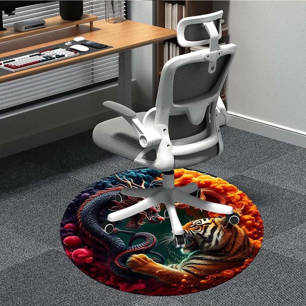 1pc Dragon Tiger Chair Carpet for Office, Round Non-Slip Durable Large Size Office Carpet, Suitable for Office, Beautiful Decoration