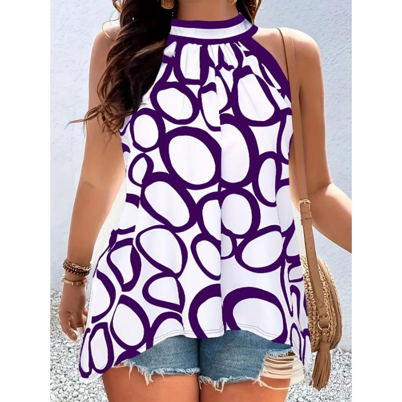 Women's Summer Geometric Halter Sleeveless Crew Neck T-shirt Top