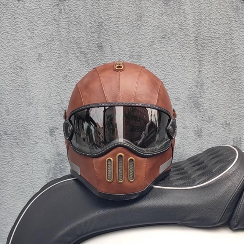 Classic Old School Pig Nose Full Face Motorcycle Helmet DOT Approved Scooter Riding Biker Aesthetic Stitching Details Men
