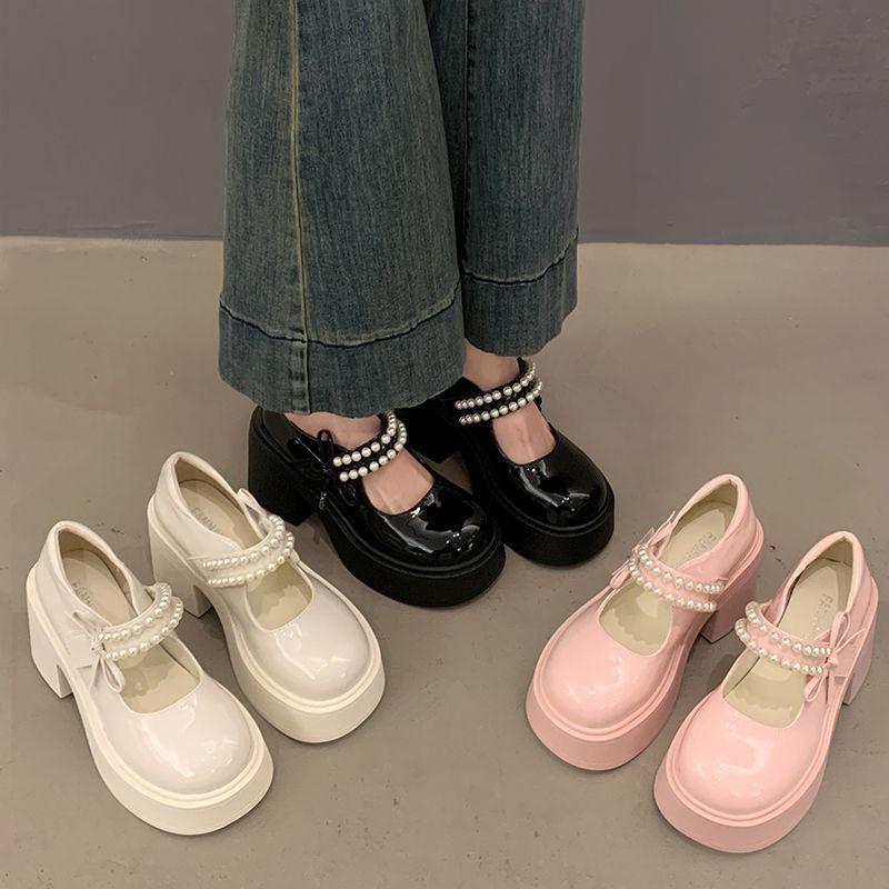 Popular Mary Jane Shoes Women's Summer 2025 New Sweet Fashion Pearl with Skirt Platform Lightweight Small Leather Shoes