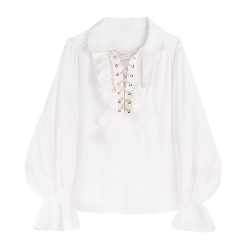 

Мужская блузка в викторианском стиле, женская готическая блузка в стиле винтаж, эпохи Ренессанса, рубашка пирата, принца, поэта с оборками, на шнуровке, средневековый топ буканьера L