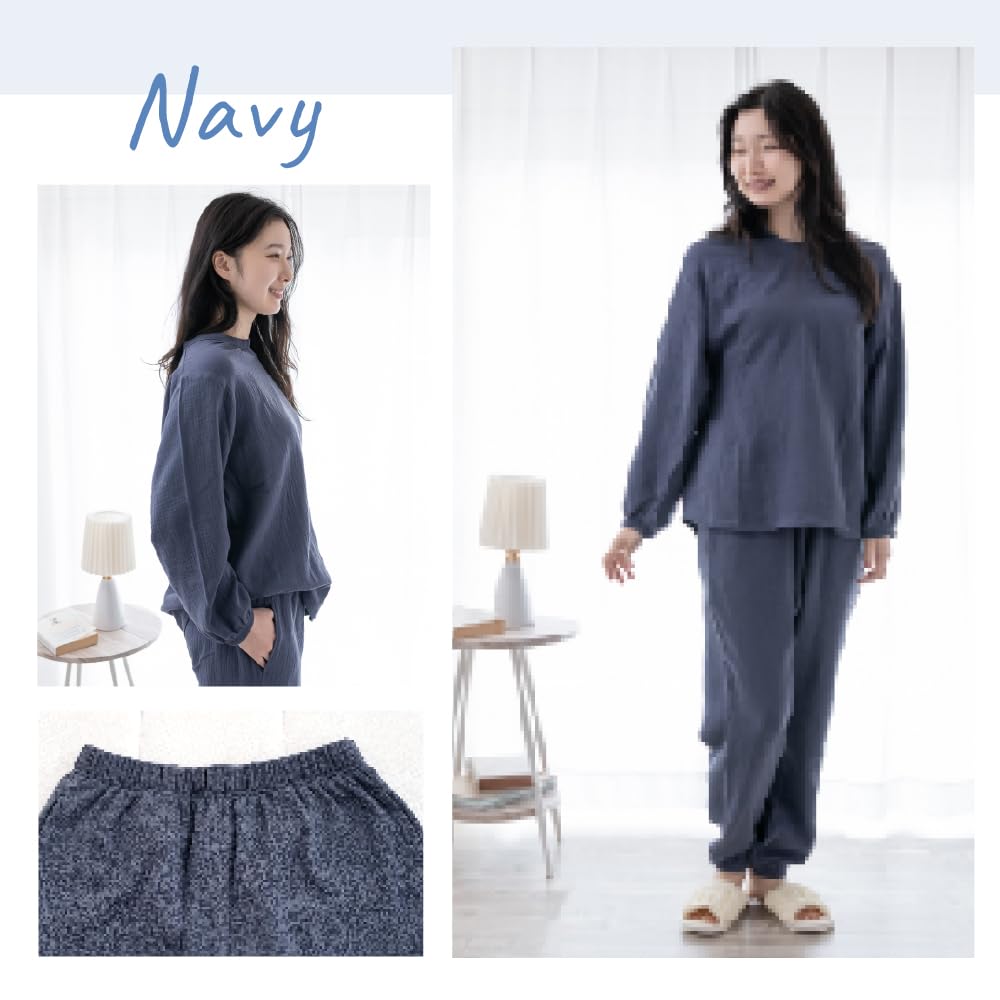 DREAM SPOT Loungewear Size Gauze Pajama Long Loose Navy Women's Set, M, Double-Layered Set, 100% Cotton, Sleeves, Soft, Fit,