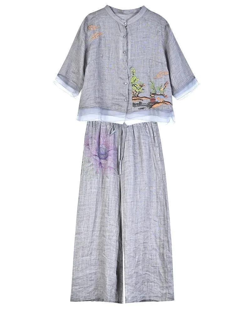Fashionable Embroidered Cotton Linen Two-Piece Set with Wide Leg Pants for Middle-Aged And Elderly Women Summer Clothing