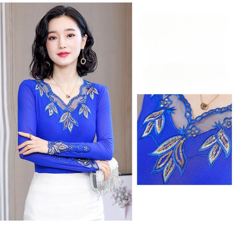 Elegant Lace Long Sleeve Top Women Spring Autumn Slim Fit Sheer Mesh Blouse Fashion Inner Wear