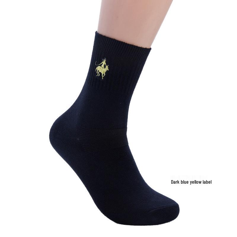 Pierpolo Men's Mid-Calf Double Needle Cotton Socks - Solid Color, Combed Cotton, Loose Fit, Embroidered Design for Autumn and Winter.