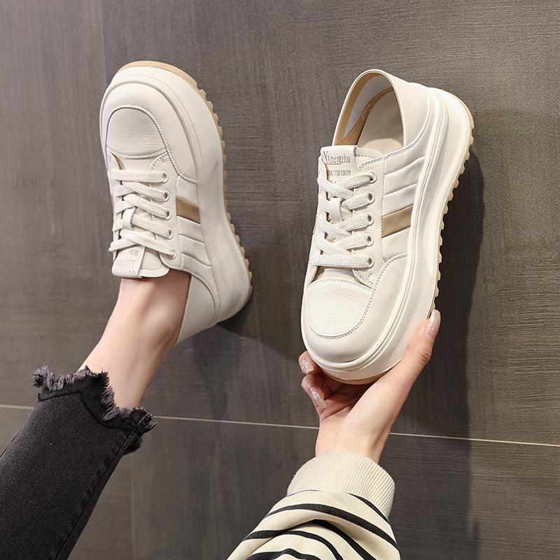 Genuine Leather White Round Toe Sneakers - Versatile Thick Sole, Flat Bottom, Two-Wear Sports Casual Women's Skate Shoes