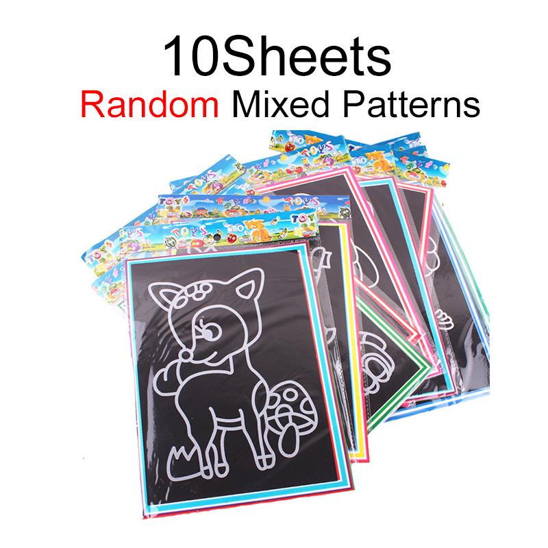 10Sheets Scratching Painting Paper Set Cute Cartoon Mix Style DIY Handmade Graffiti Supply Festival Birthday Party Souvenirs ZYF